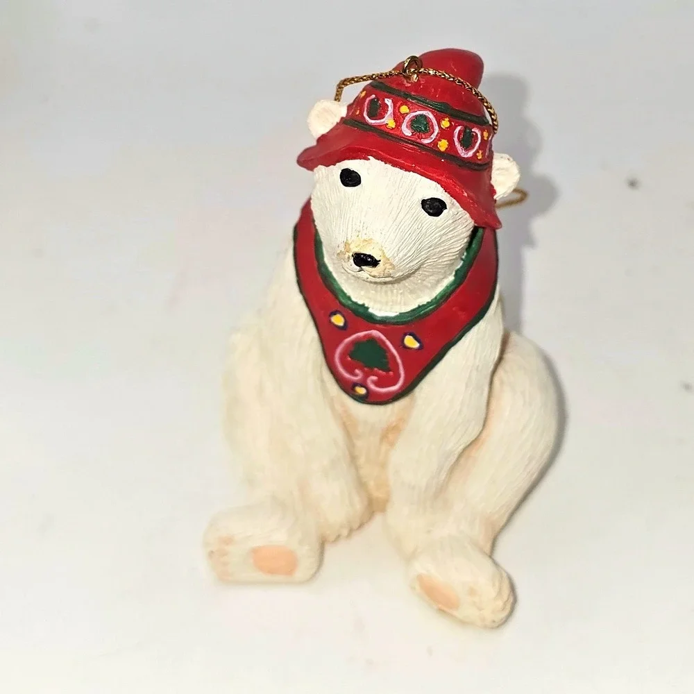 Christmas Polar Bear Ornament Red Hat and Bib Resin Sitting Figurine VTG Decor